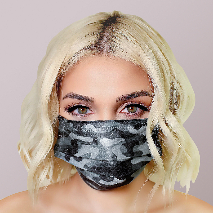 Black Camo Face Masks 5pk <br> 3ply Disposable, Non-Medical